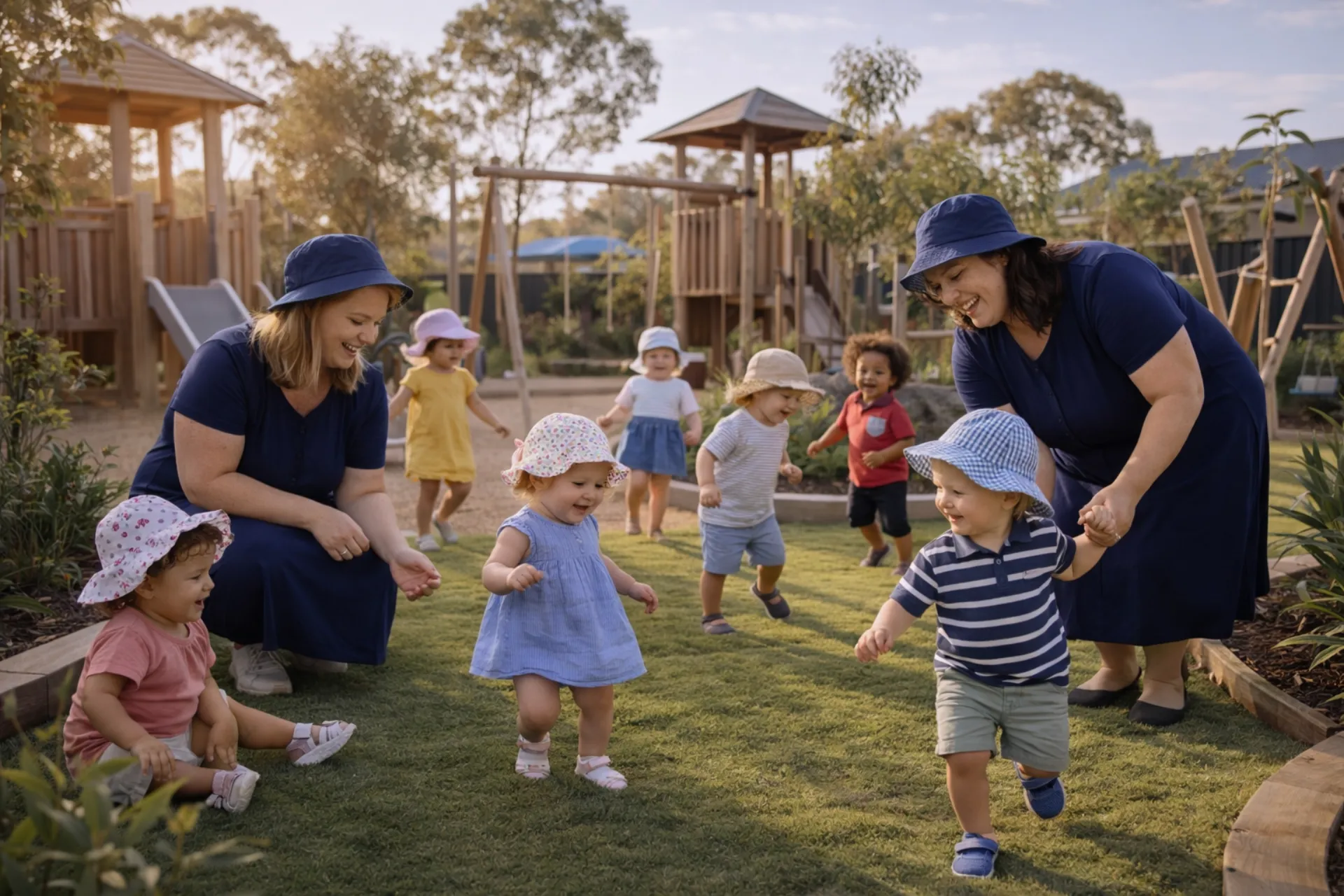Babies and toddlers exploring wooden toys and play equipment with educators at a Sonas Early Learning centre in Perth