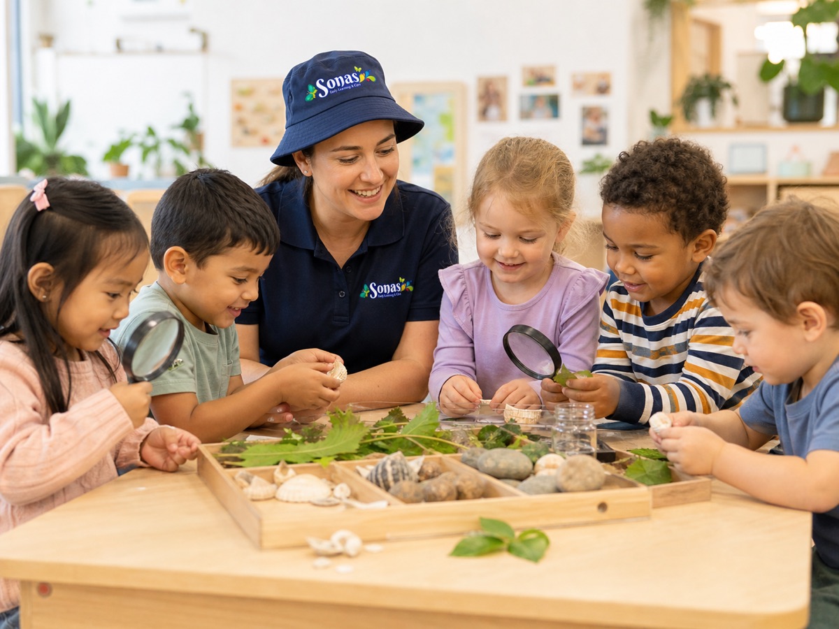 Child wearing a wide-brimmed sun hat playing safely outdoors at a Perth childcare centre