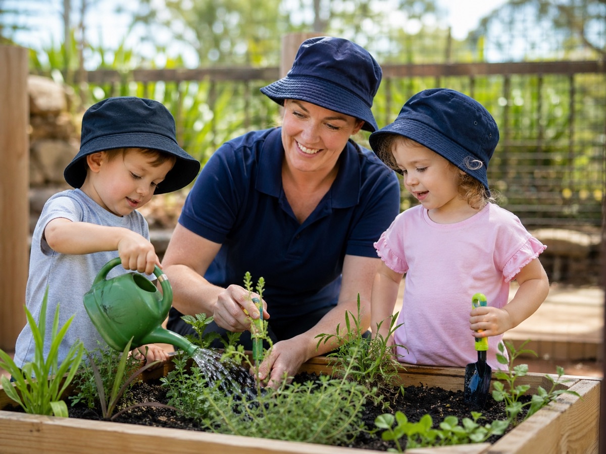 Children planting and watering in the Sonas Gosnells garden with their educator