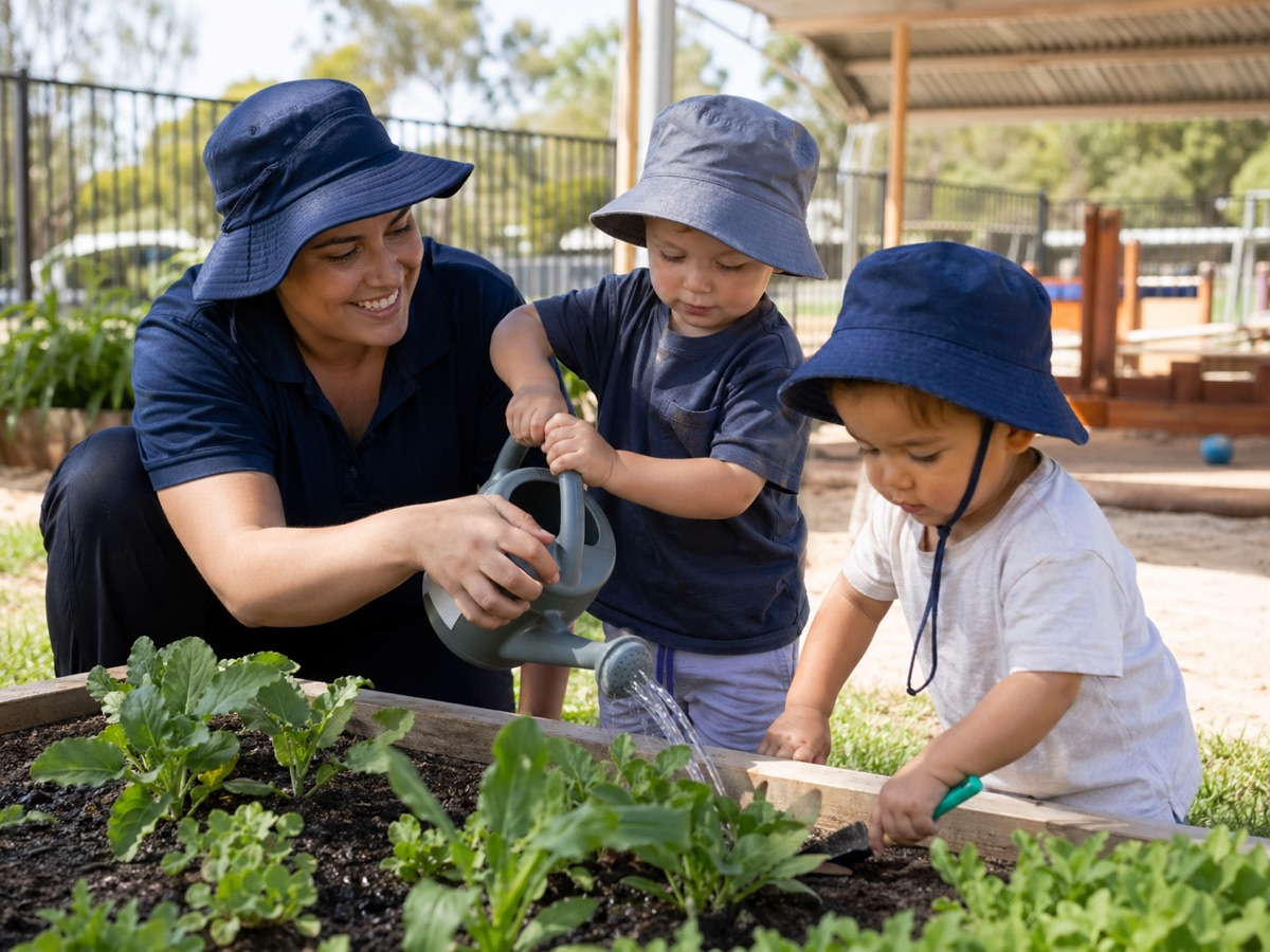 Children gardening with their educator at Sonas Spearwood